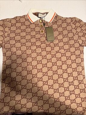 Gucci Beige and Brown GG Logo Polo with White Collar and Orange Stripe. New/Tags